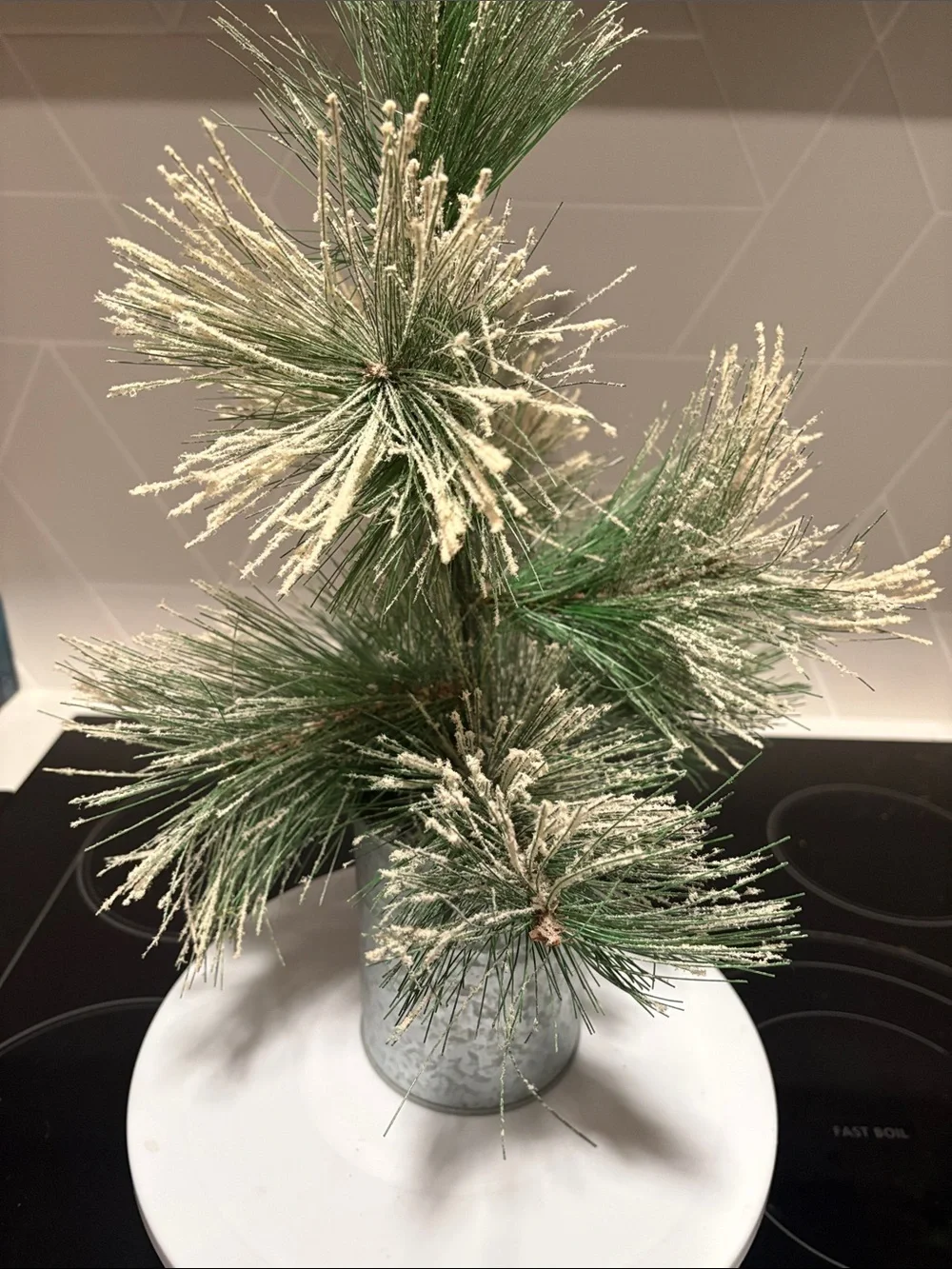 Faux Snow-Dusted Pine Spray in Silver Pot - Green/White 18” high target. 2019